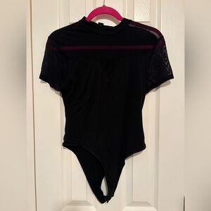 SHEIN Black Short Sleeve Mesh-Trim Bodysuit